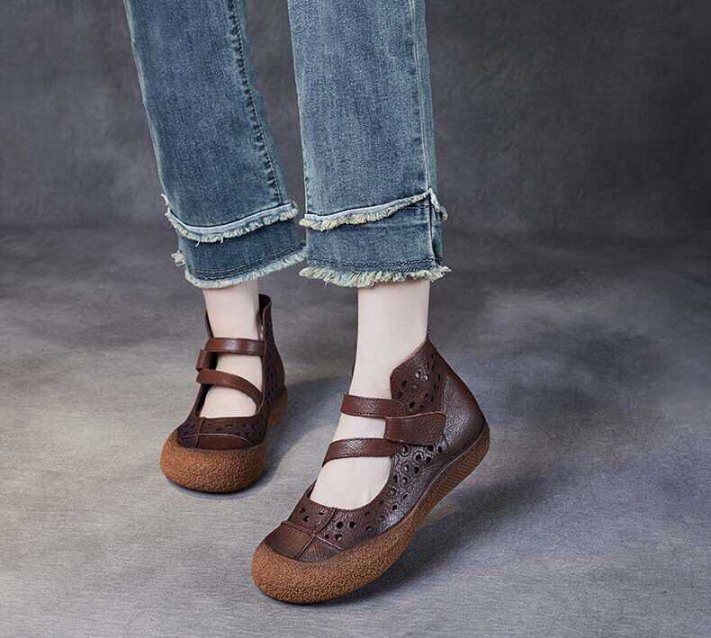 Cowhide Retro Hollow-out Non-slip Breathable Flat Sandals