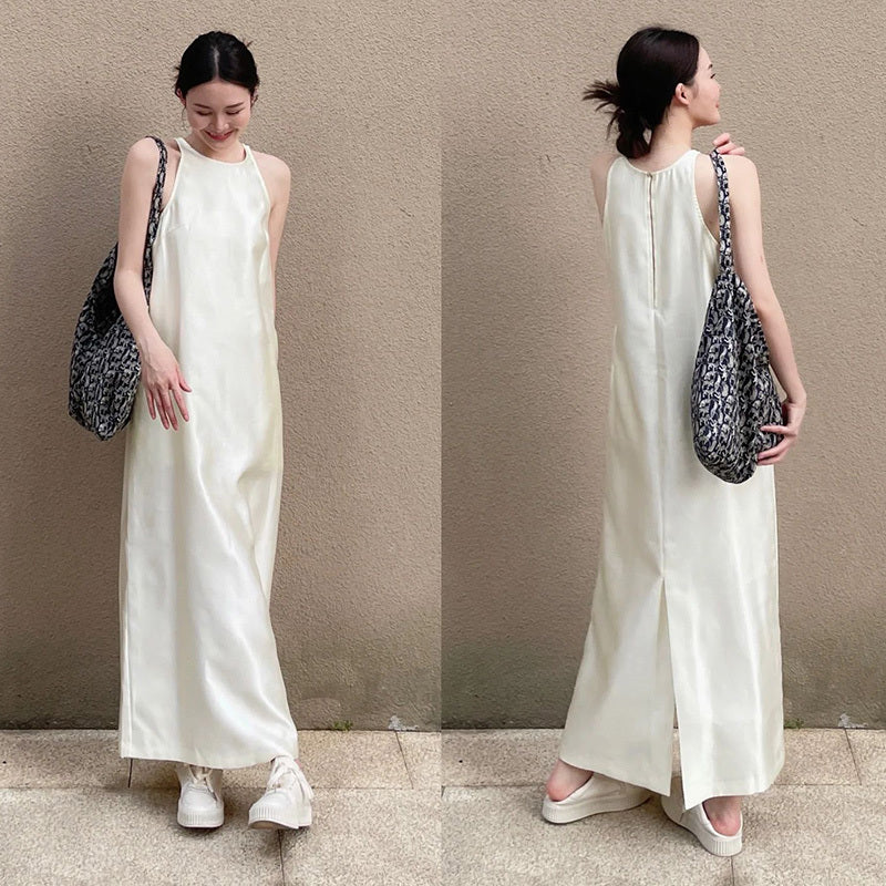 Acetate Simple Solid Color Niche Sleeveless Long Jumper Dress