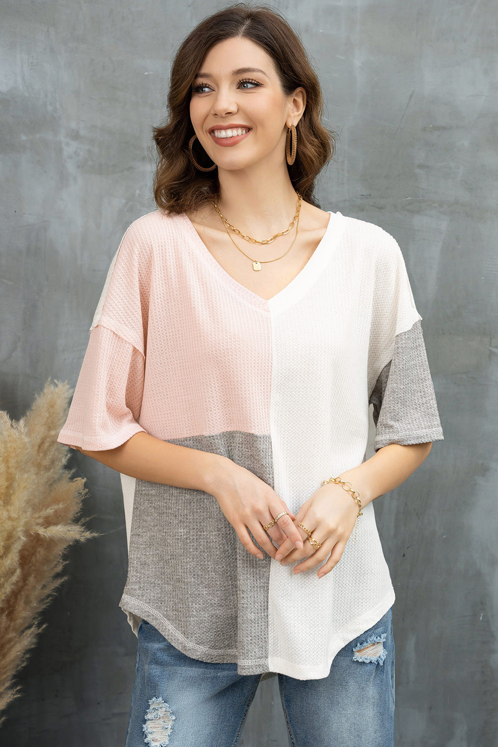 Color Block V-Neck Waffle-Knit Blouse