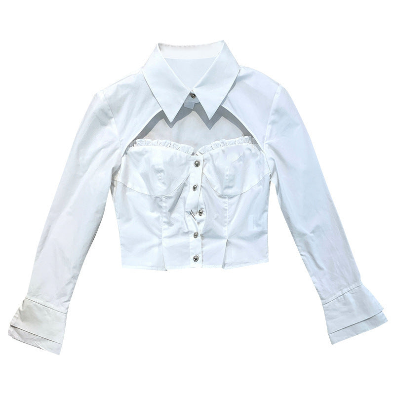 Women's Fashion Top White Ruffled Hollowed-out Shirt