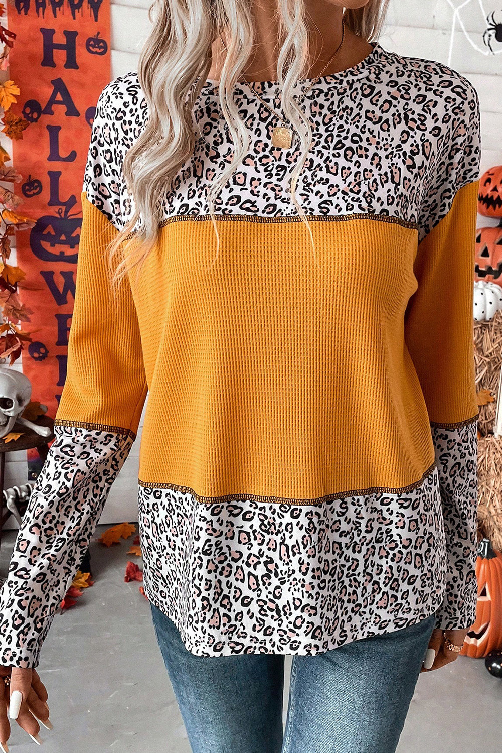 Top de patchwork de punto gofre con estampado de leopardo naranja Vitality