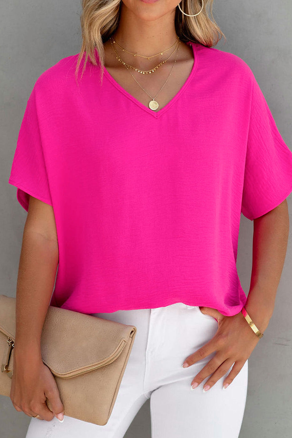 Blusa de manga corta con cuello en V liso rosa