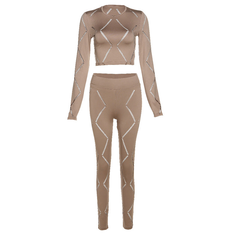 Women's Hollow-out Ripped High Waist Tight Pants Casual Sports Suit