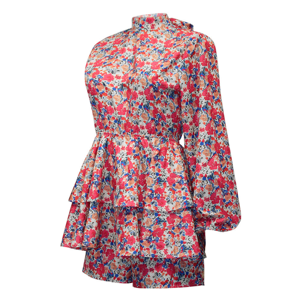 Floral Long Sleeve Ruffle Open Back Casual Dress