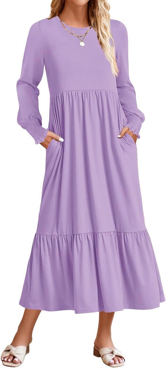 Robe mi-longue smockée à manches longues et col rond pour femme