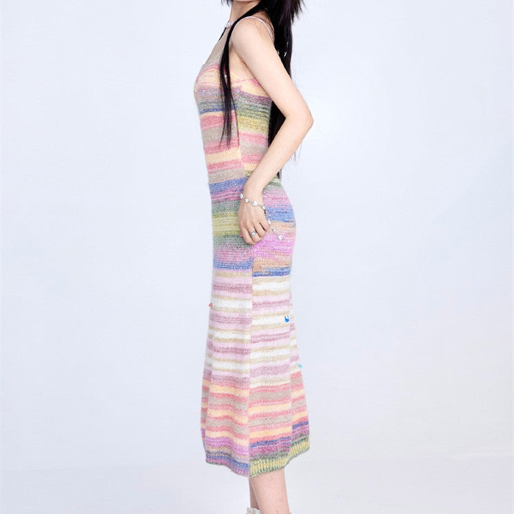 Female Xia Dopamine Dressing With Spicy Girl Slim Fitting Colorful Striped Suspender Dress