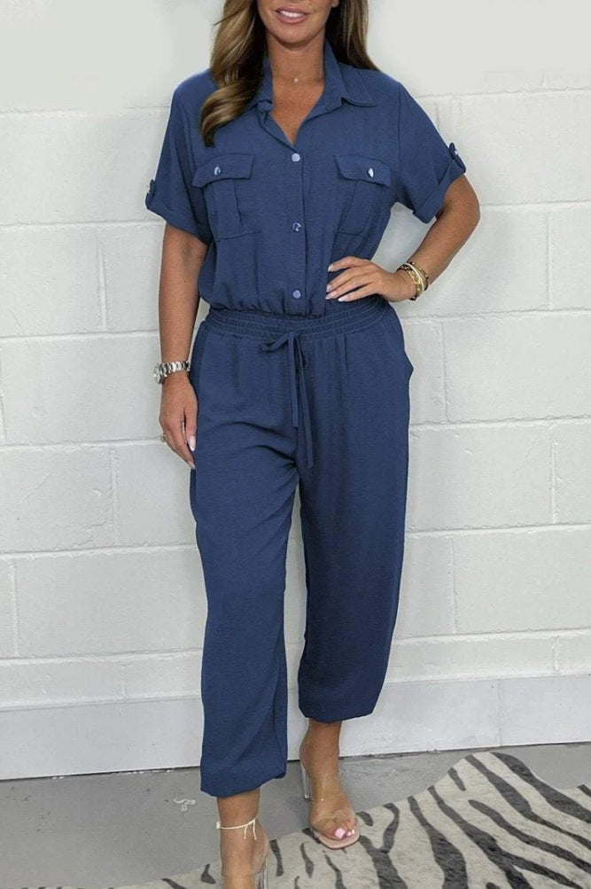 All-matching Solid Color Casual Polo Collar Shirt Wide Leg Jumpsuit For Women