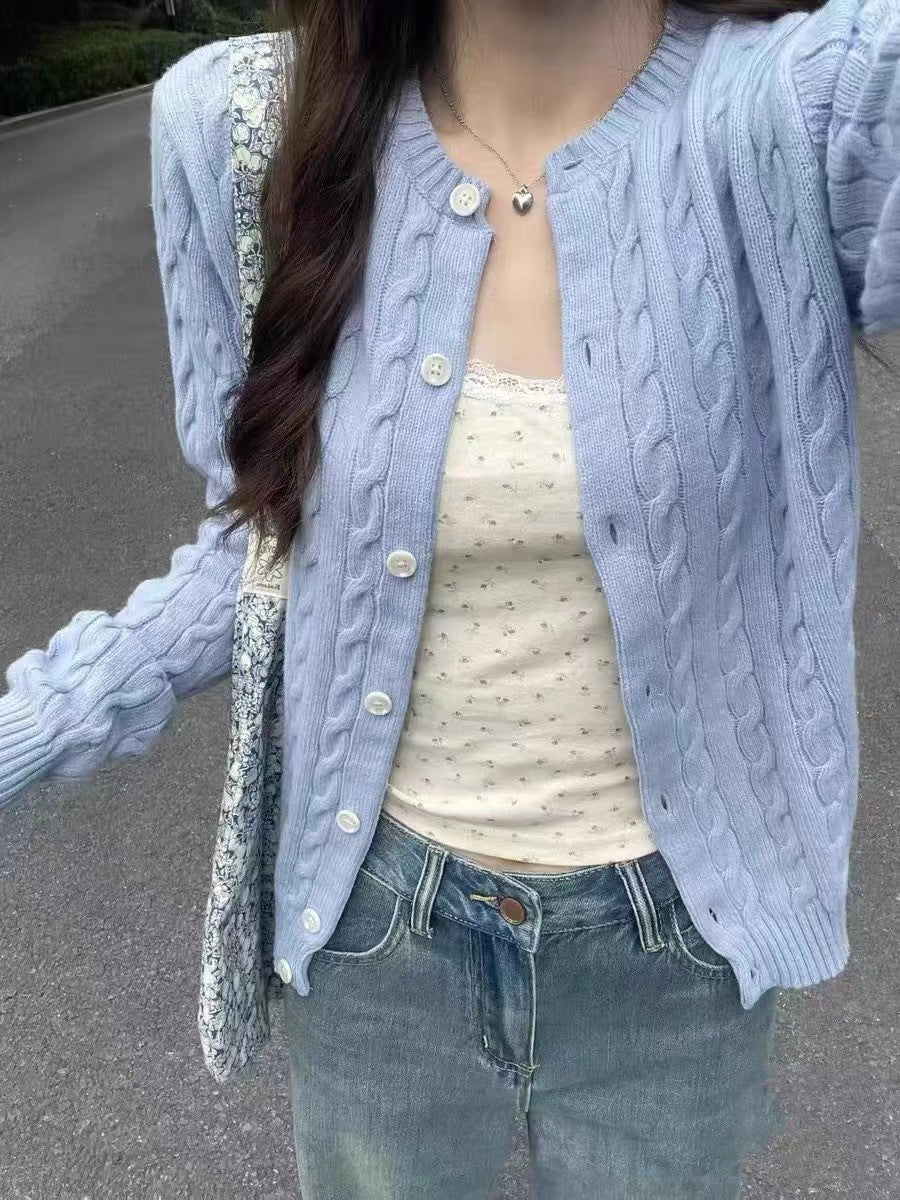 American Retro Blue Twist Knitted Cardigan