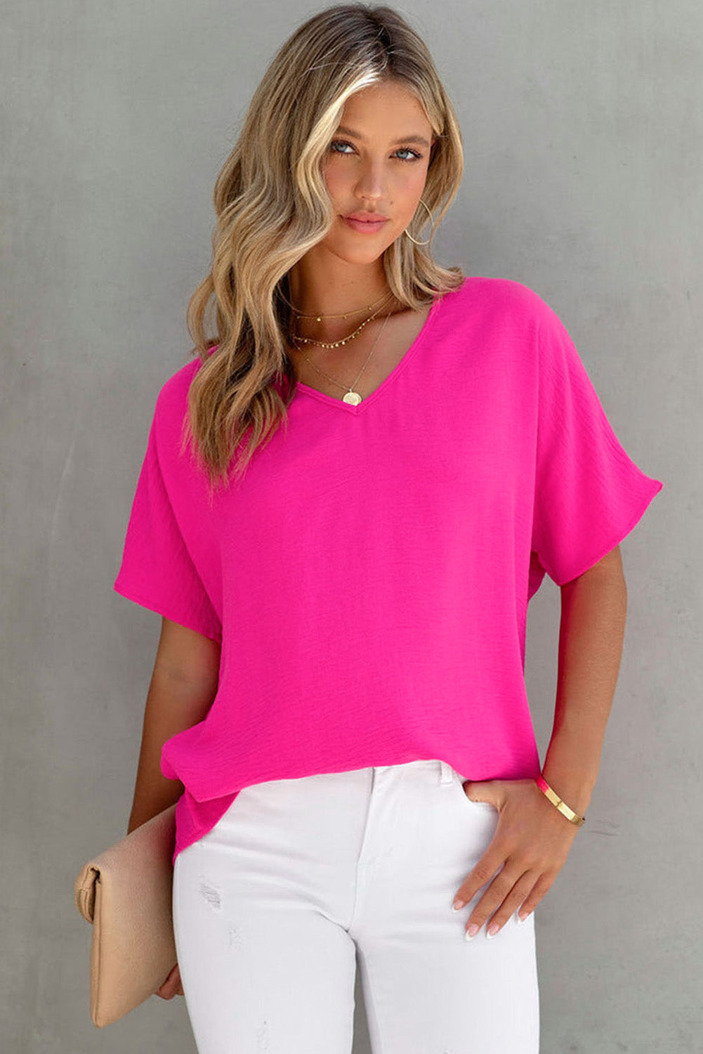 Blusa de manga corta con cuello en V liso rosa