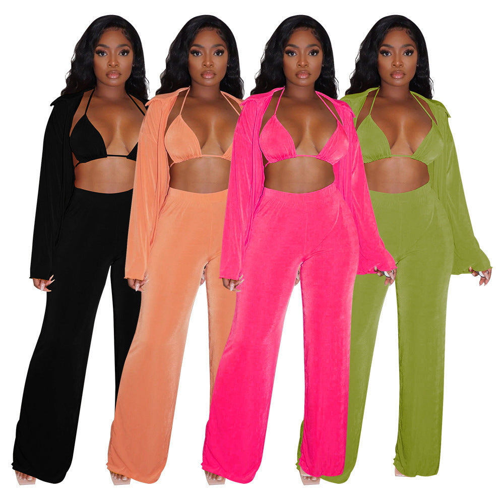 Women's Fashion Casual Long Sleeve Bikini Wide Leg Pants Suit