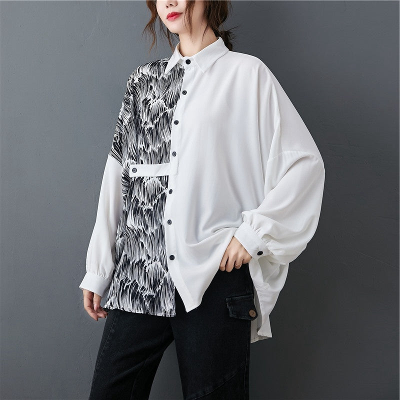 Contrast Print Loose And Slim Long-sleeved Shirt