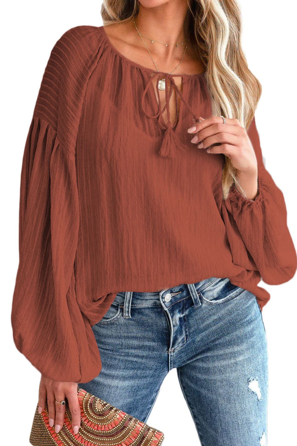 Tie Neck Dropped Shoulder Blouse