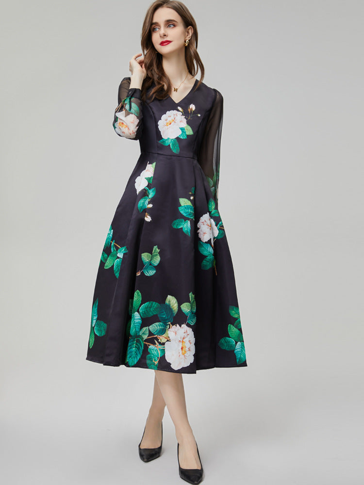 Fashion V-neck Green Printed Long Sleeve Black Mid-length Dress