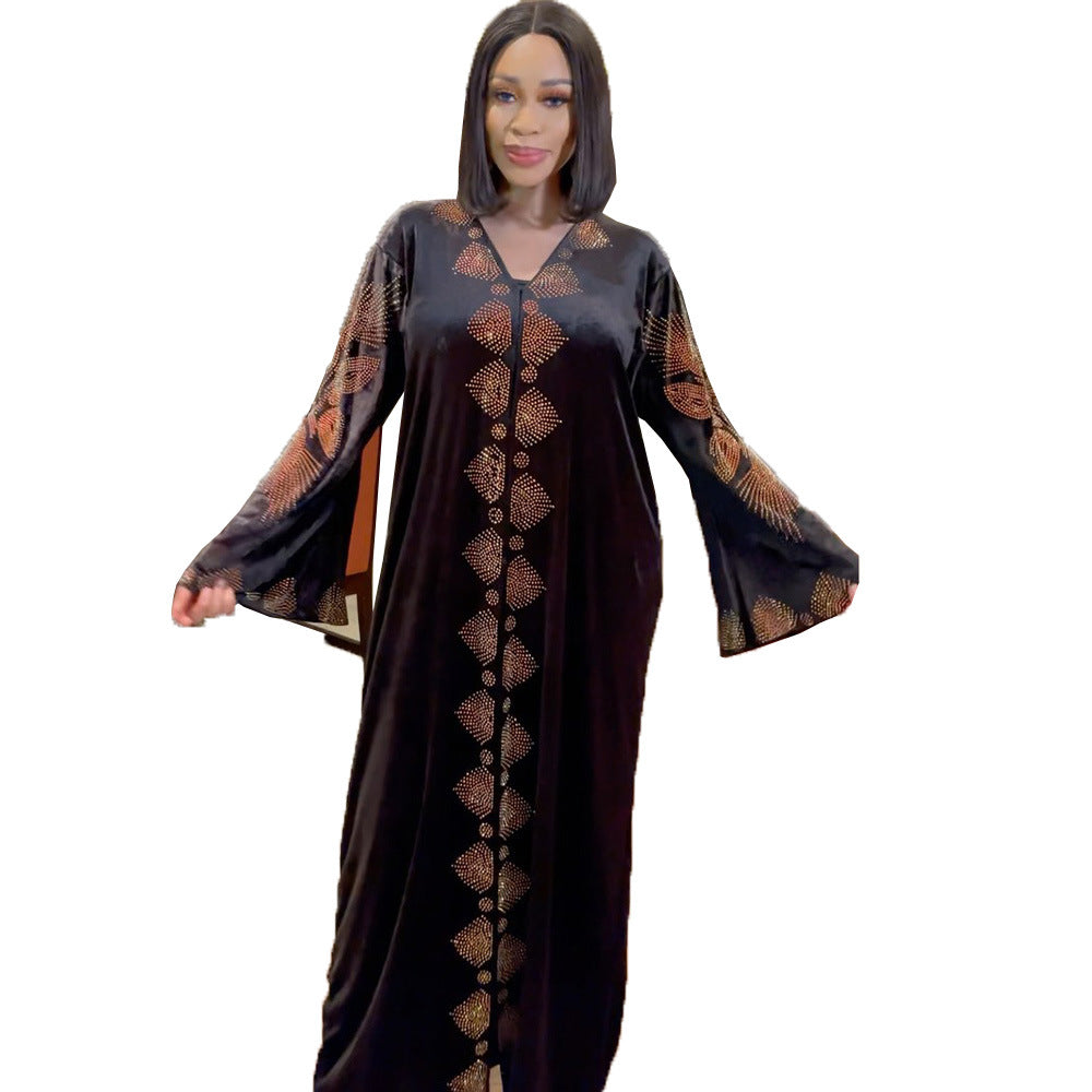 African Women's Wear Dress Fashion Gold Velvet Hot Drilling V-neck Flared Sleeves Robe