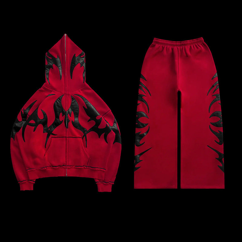 Thorn Pattern Foam Printed Vintage Zippered Hoodie Set