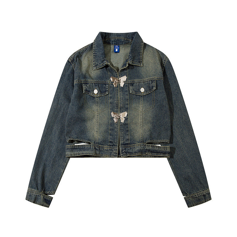 American Retro Distressed Butterfly Metal Buckle Design Short Denim Coat