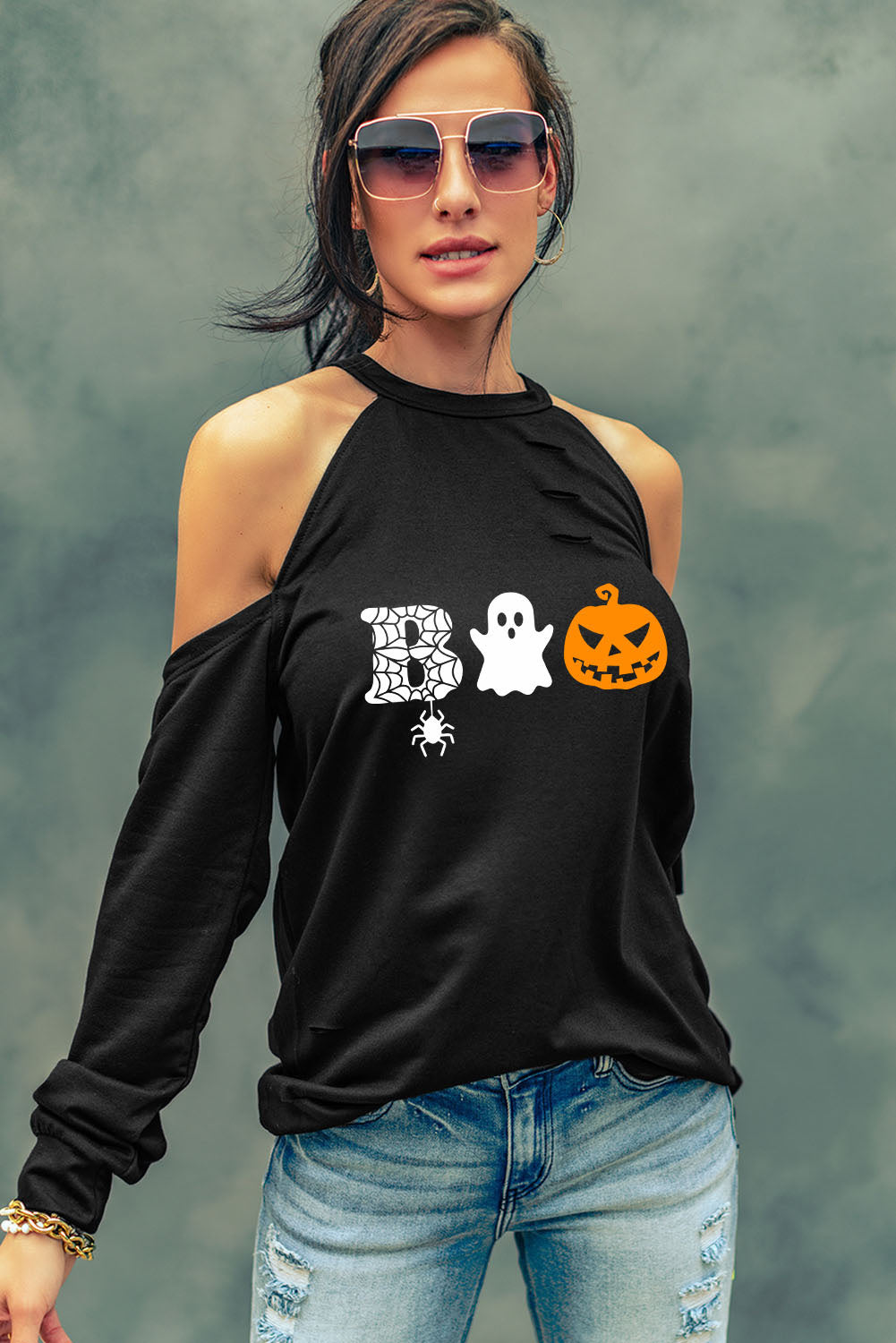 Cold Shoulder Boo Graphic Distressed Blouse