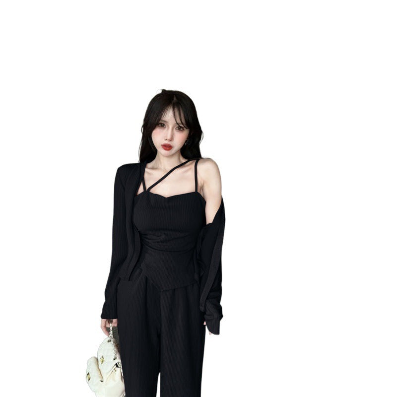 Temperament Youthful-looking Irregular Spaghetti-strap Cardigan Wide Leg Pants