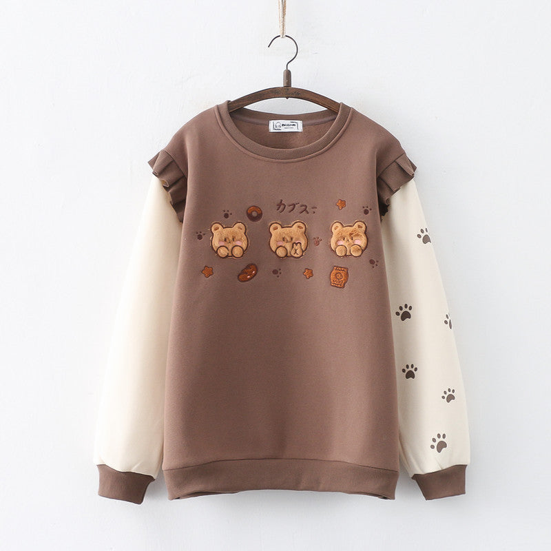 Women's Cartoon Three Bears Embroidered Fleece-lined Thickened Pullover Crew Neck Top Sweater