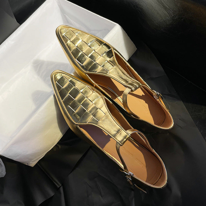 Fashion Pointed Flat Gold Leather Shoes