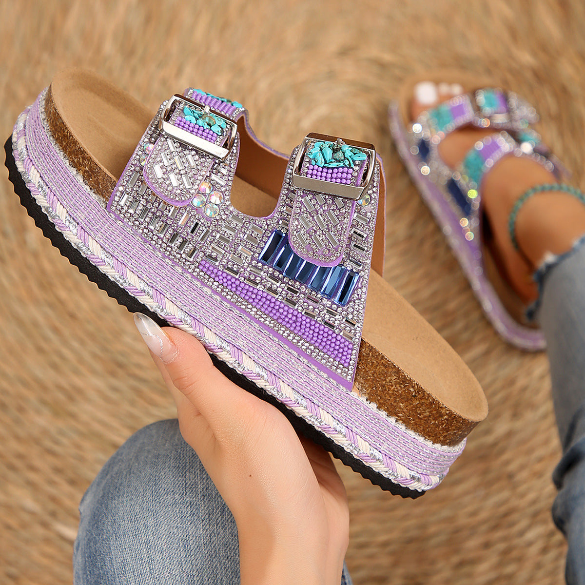 Thick Bottom Hemp Rope Double Buckle Rhinestone Cork Beach Slippers