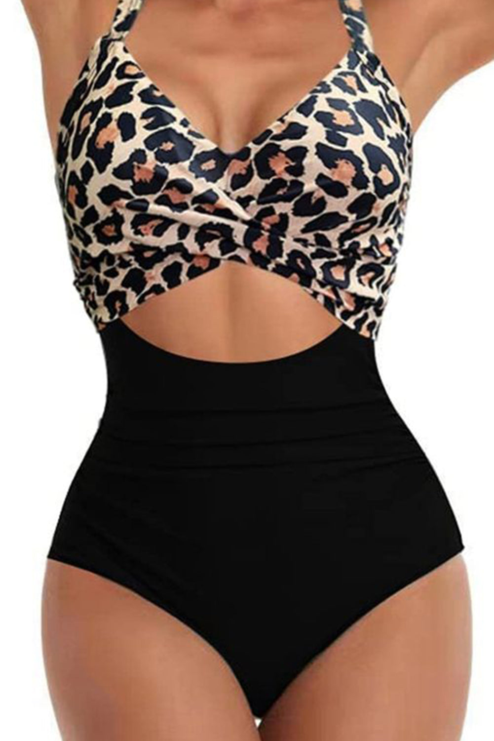 Monokini dos nu à découpes croisées 2 tons léopard noir