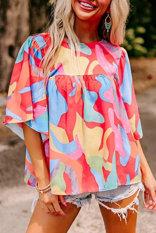 Blouse multicolore à col rond et manches larges à motif abstrait