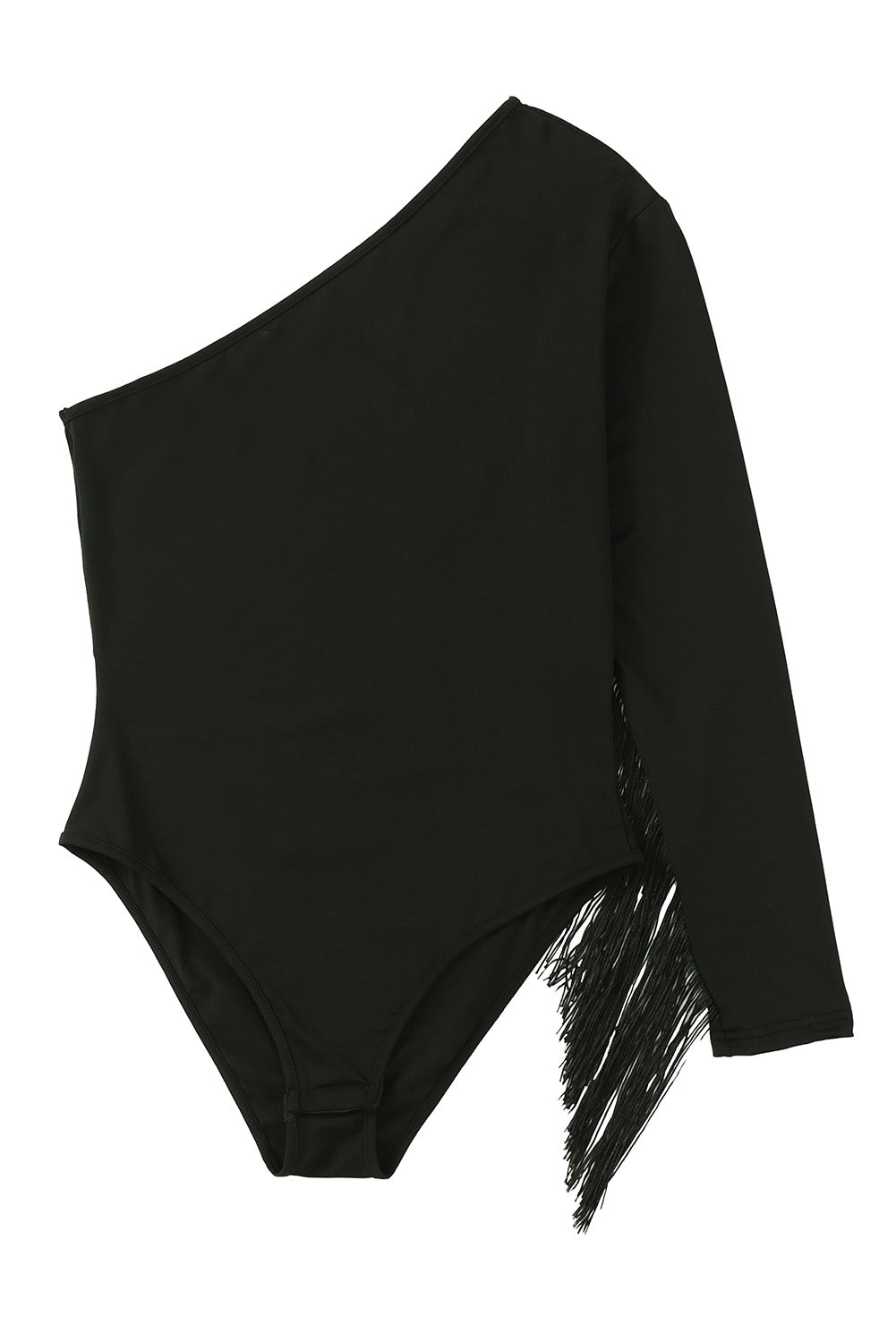 Black One Shoulder Fringed Long Sleeve Bodysuit