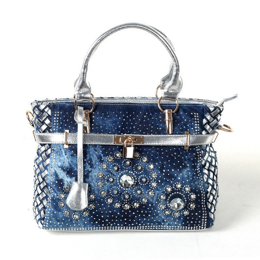 Female Inlaid Glass Rhinestone Small Buckle Lock Denim Single Shoulder Messenger Bag