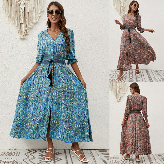 Three-quarter Sleeve Waist Bohemian Casual Vacation Beach Dress