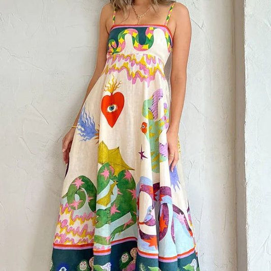 Women's Fashion Printed Loose Casual Sleeveless Sling Large Swing Maxi Dress Women