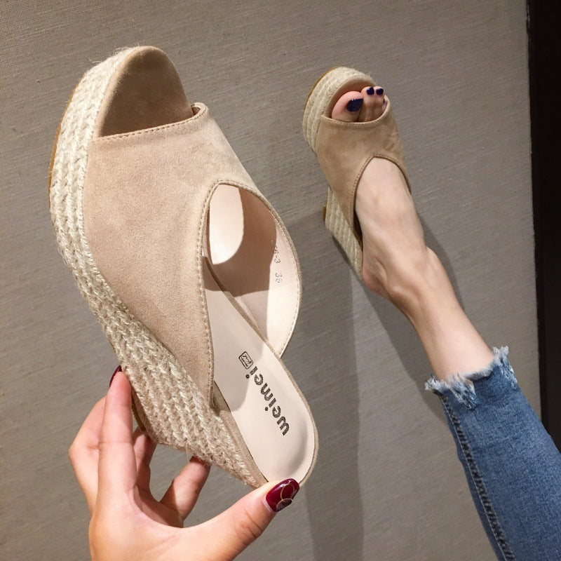 Women's Fashion Word Strap Peep Toe Suede Platform Platform Wedge Slippers