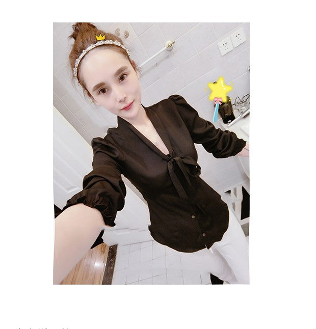 Chiffon Top Slightly Permeable Inside Matching Slim Bow Temperament Shirt