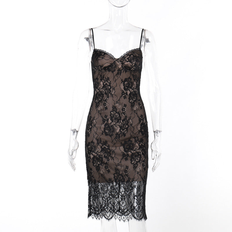 Waist-tight Sheath Dress Eyelash Lace Sling Dress