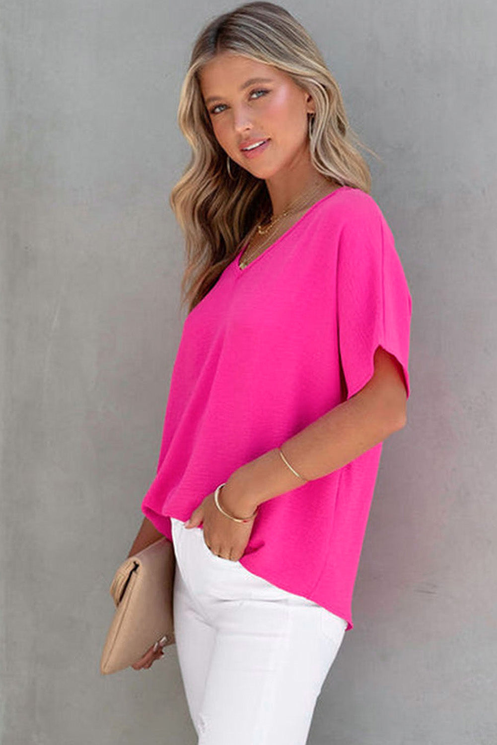 Blusa de manga corta con cuello en V liso rosa