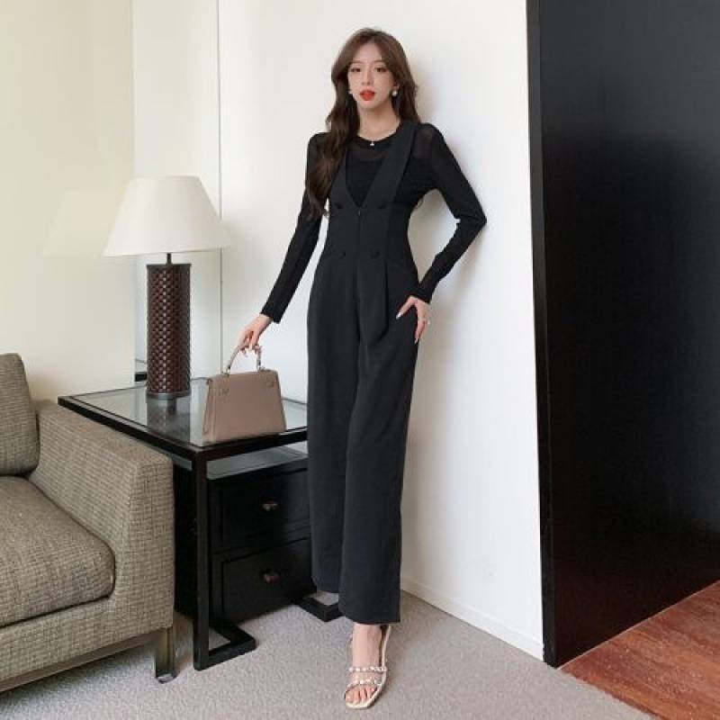 Fashionable Suspender Pants Fitted High Waist Wide-leg Suit Jumpsuit