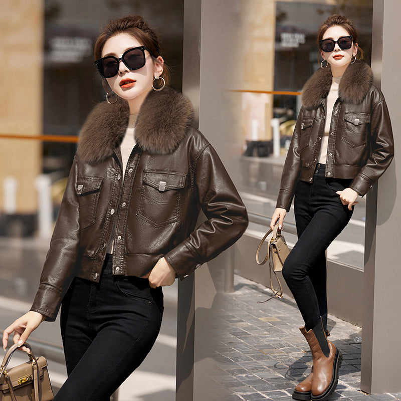 Women's Fleece-lined Coat Thickened Biker's Leather Jacket