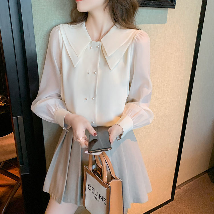 Chiffon Long Sleeve Shirt Ladies Lantern  Doll Collar