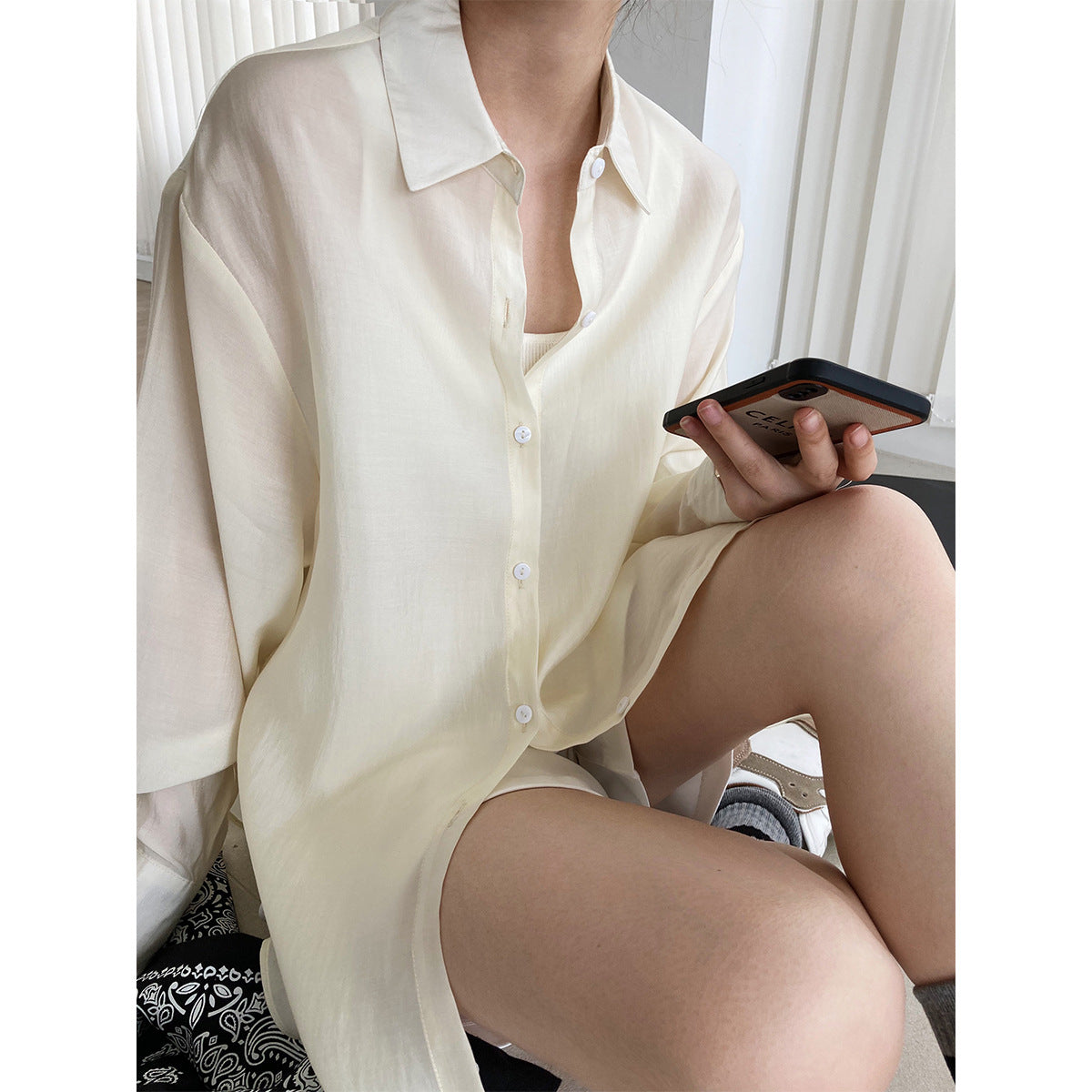 Thin Tencel Shirt With Hem Tie Loose And Lazy Casual Sunscreen Shirt Jacket Women