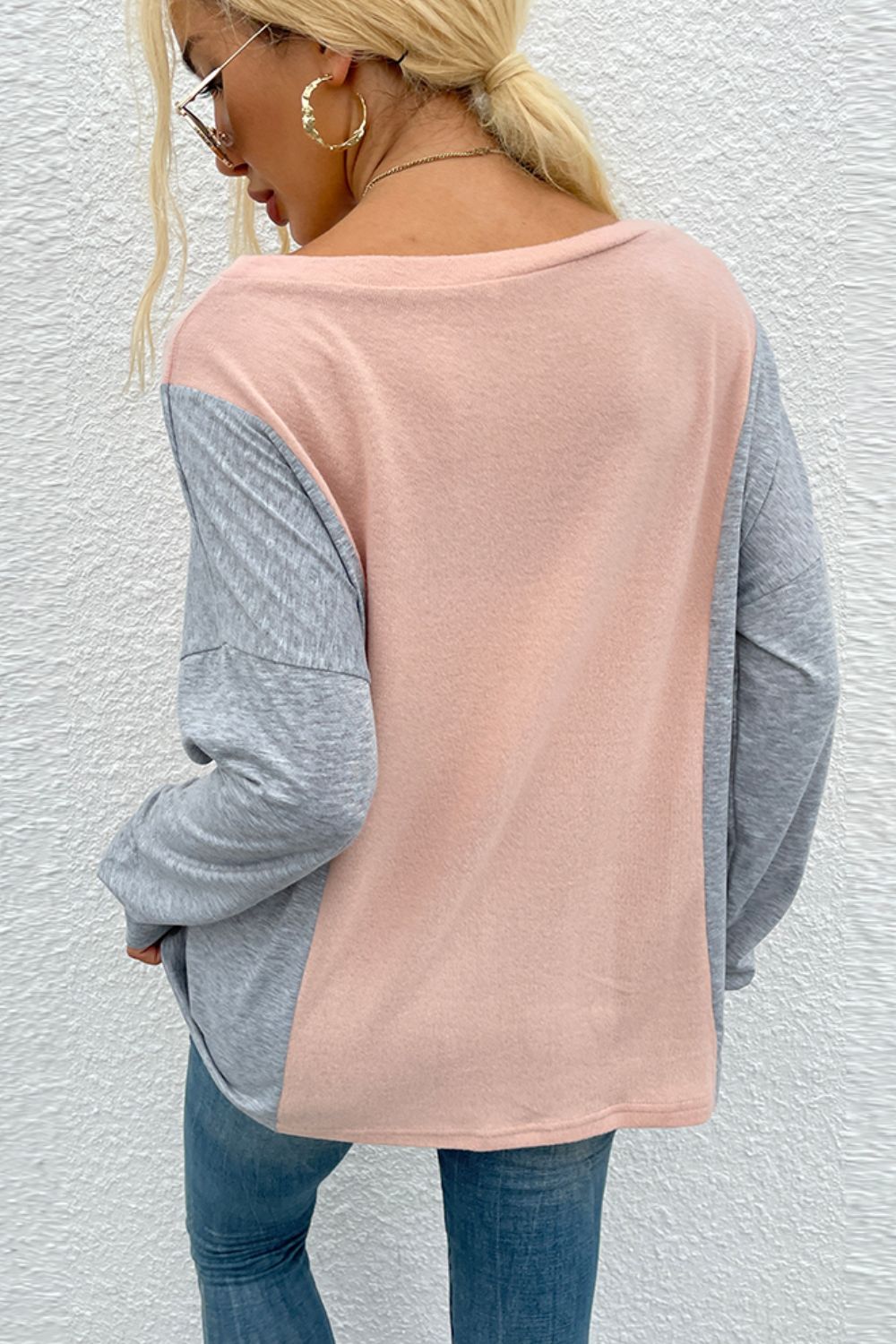 Color Block V-Neck Long Sleeve Blouse