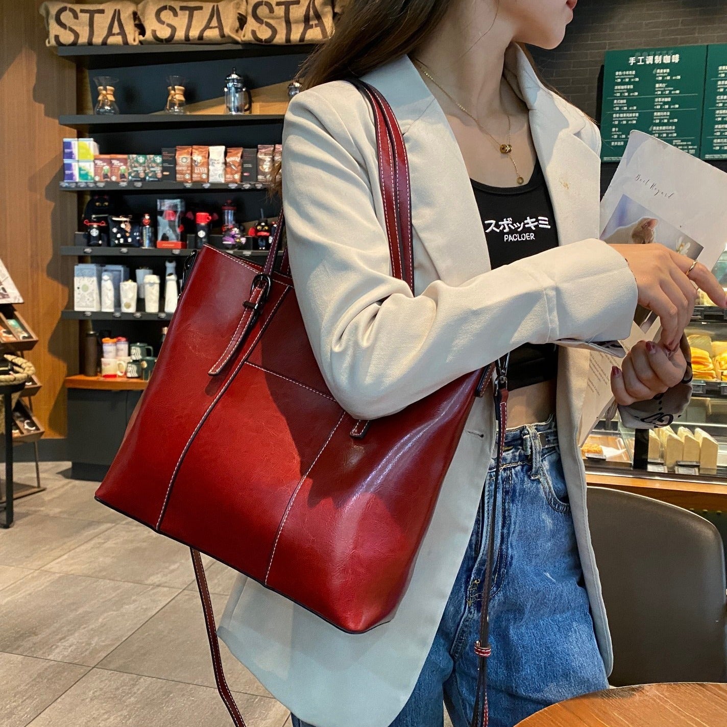 Grand sac en cuir véritable pour femme, sacoche à bandoulière en cuir de vachette