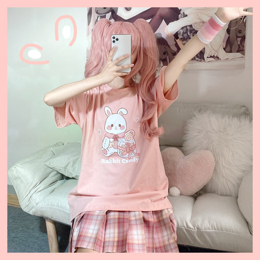 Candy Bunny T-shirt Summer Cute Cartoon Bunny Print Loose