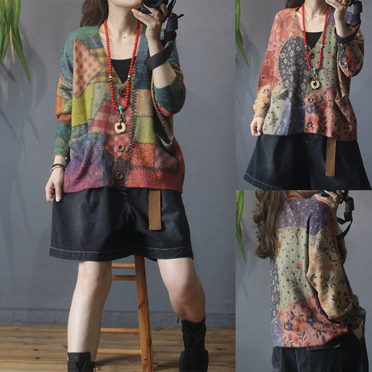 Vintage V Neck Print Knit Cardigan