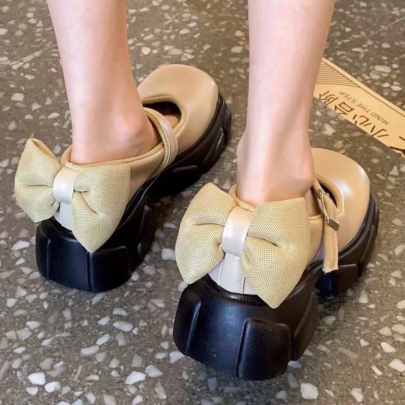 Elegant Square Toe Leather Shoes Female Niche Bow