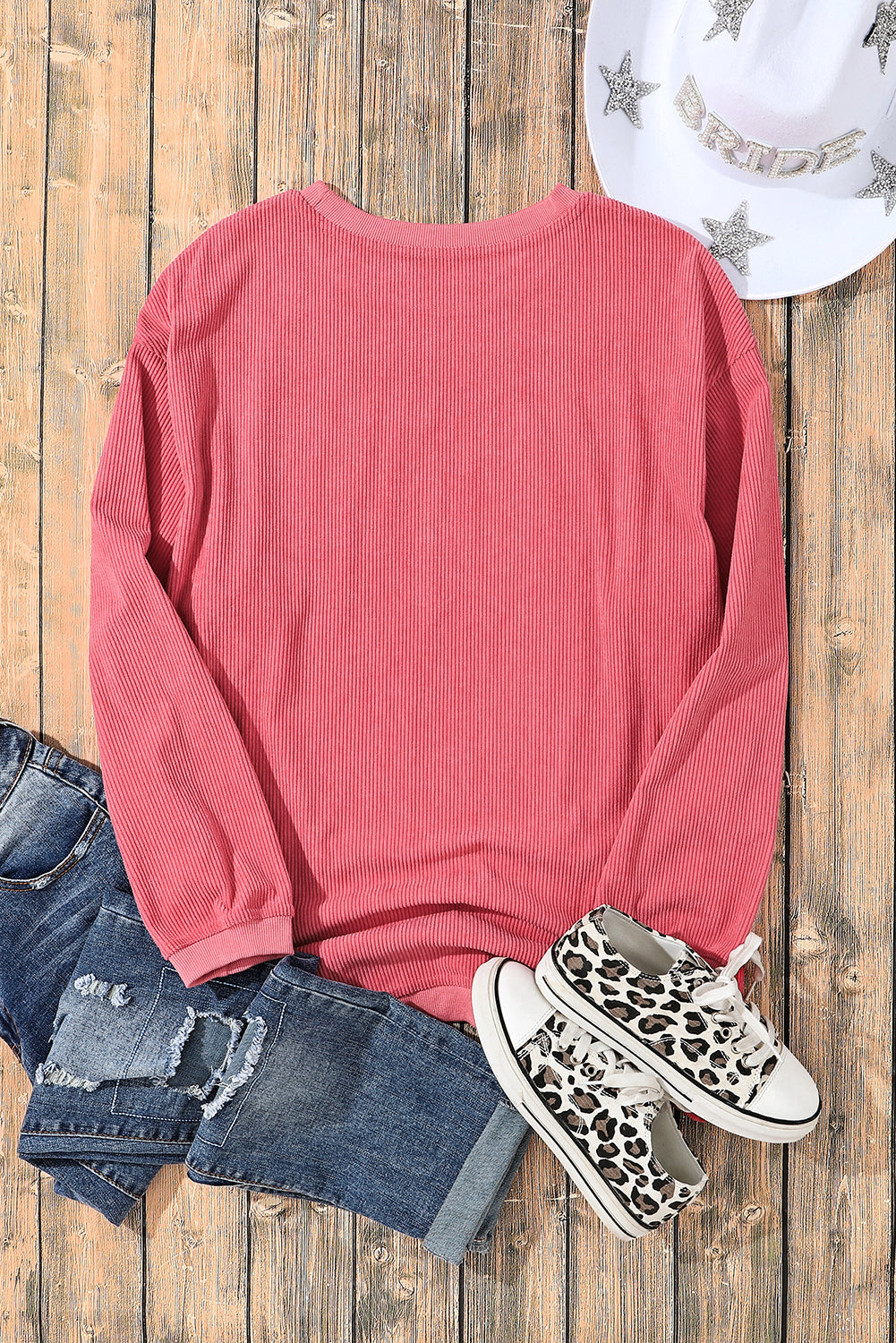 Strawberry Pink Ribbed Corded Oversized Sweatshirt