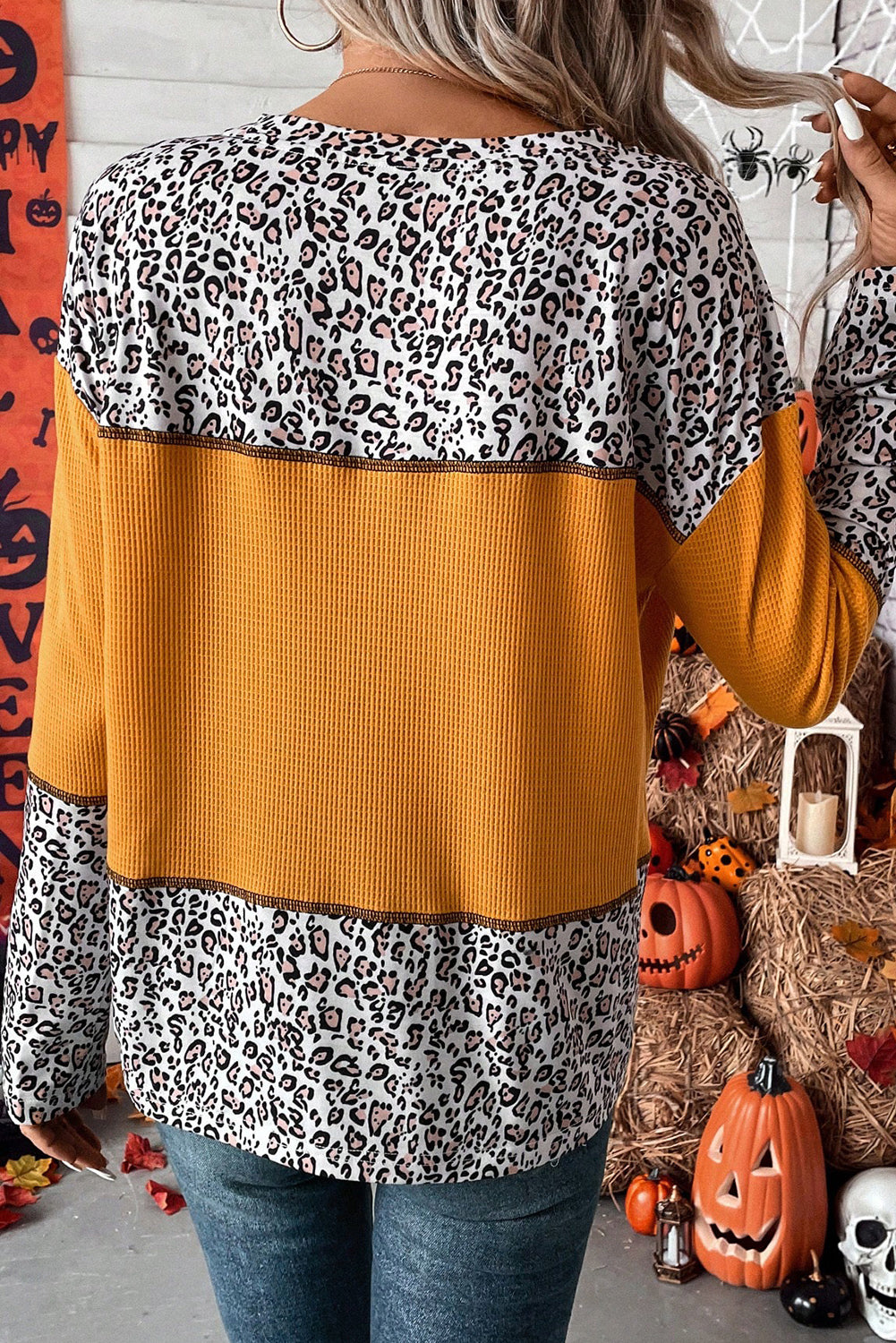 Top de patchwork de punto gofre con estampado de leopardo naranja Vitality