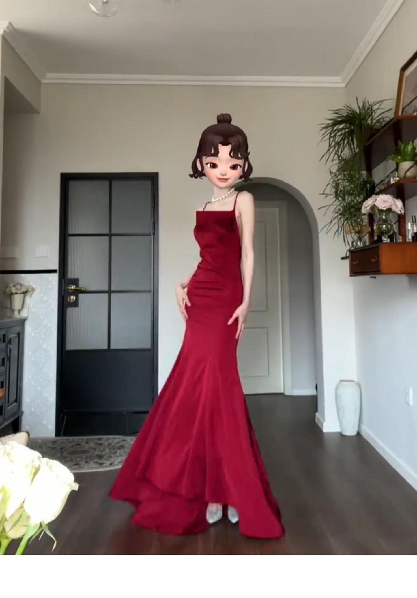 Robe rouge à bretelles, col en V, robe de soirée de mariage