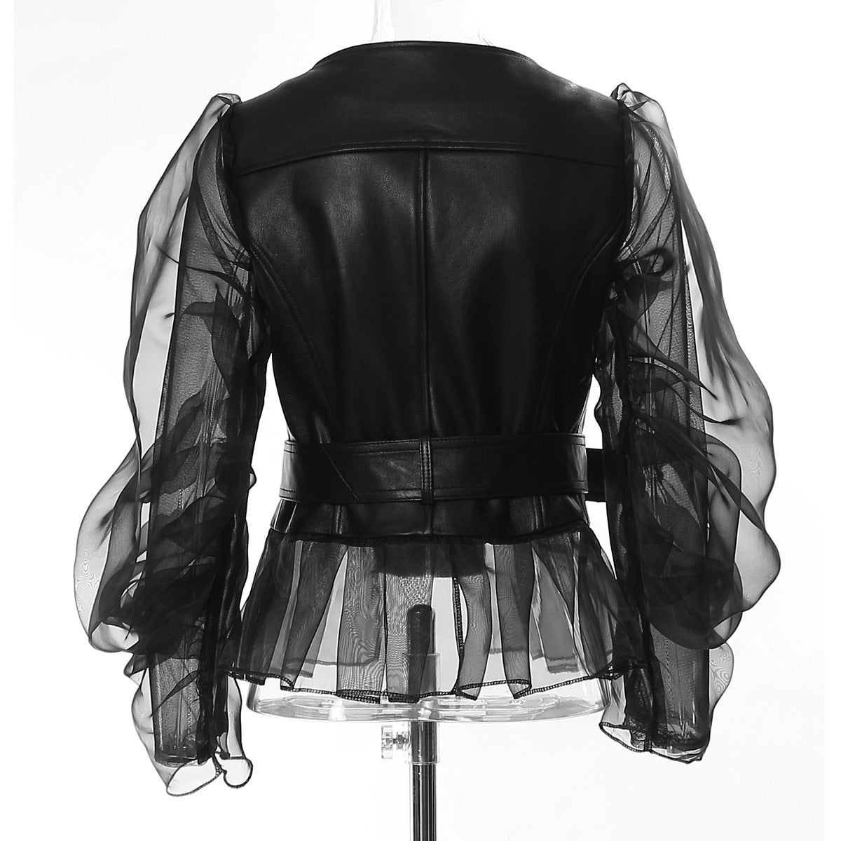 Domineering Stitching Mesh Transparent Leather Coat Motorcycle Jacket