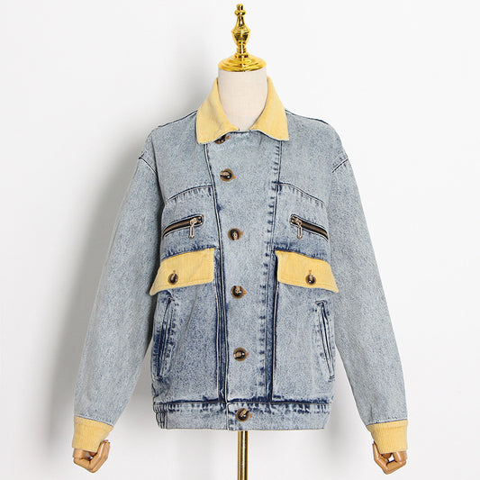 Fashion Elegance Retro Lapel Single Breasted Design Color Contrast Patchwork Loose Denim Jacket