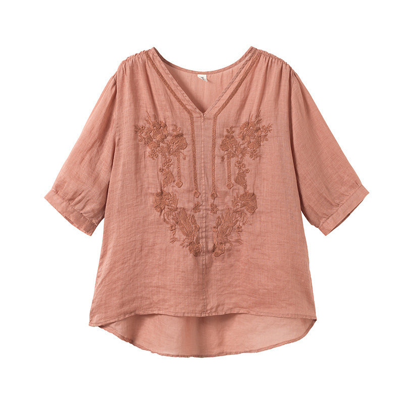 V-neck Five-point Sleeve Embroidered Cotton And Linen Shirt